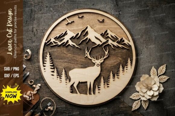 Deer Mountain Circle Laser Cut SVG: Nature-Inspired Design