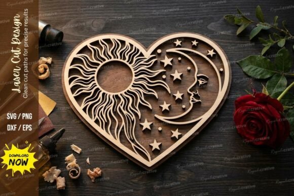 Sun Moon Heart Laser Cut SVG: Celestial Balance in Wood
